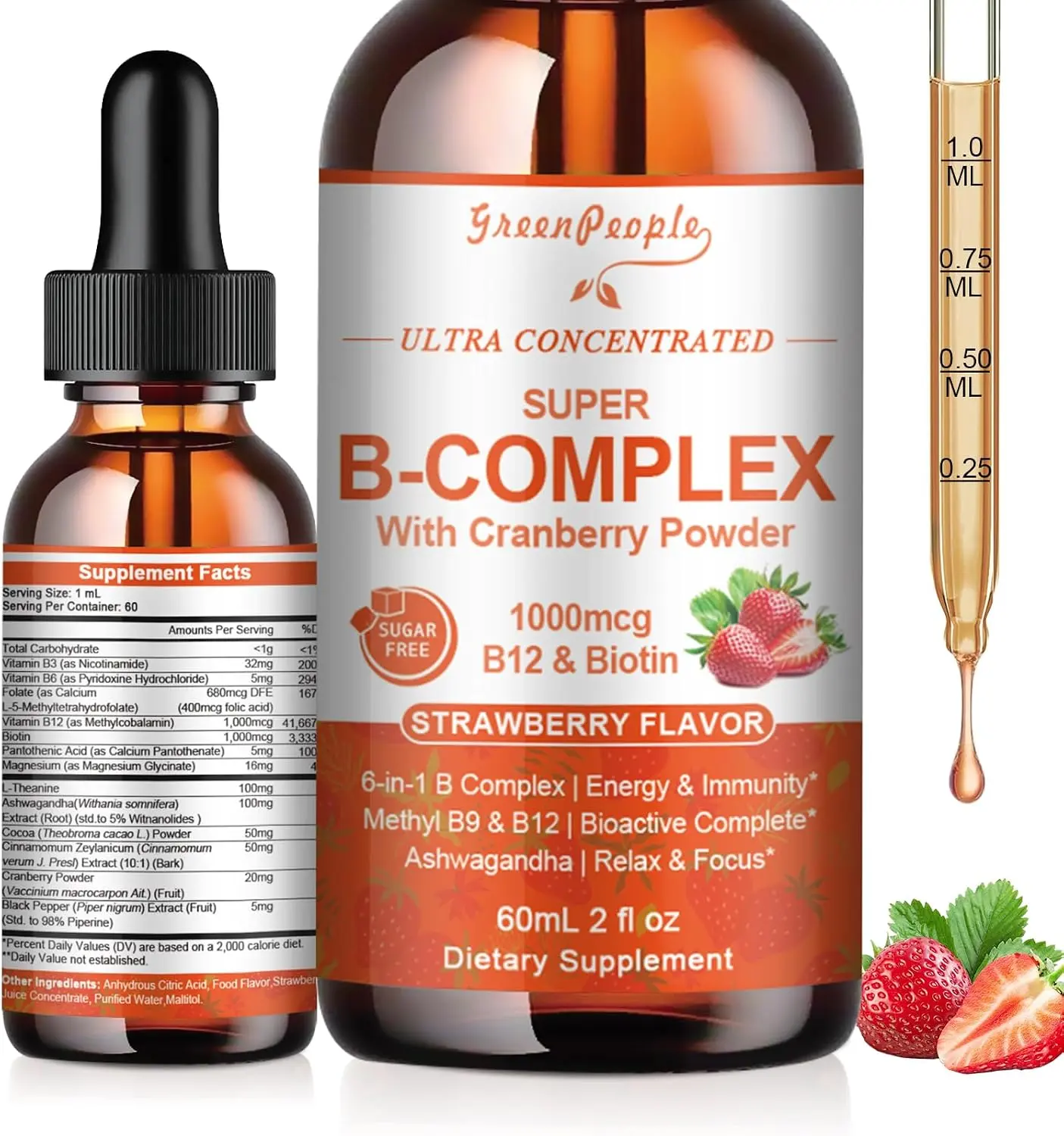 GREENPEOPLE Methylated Vitamin B Complex Liquid, Vegan, 2 Pack Strawberry | Methyl B12 & L-Methyl Folate with 6 Active B Vitamins, Magnesium, Ashwagandha for Energy Metabolism, Immune & Cognitive