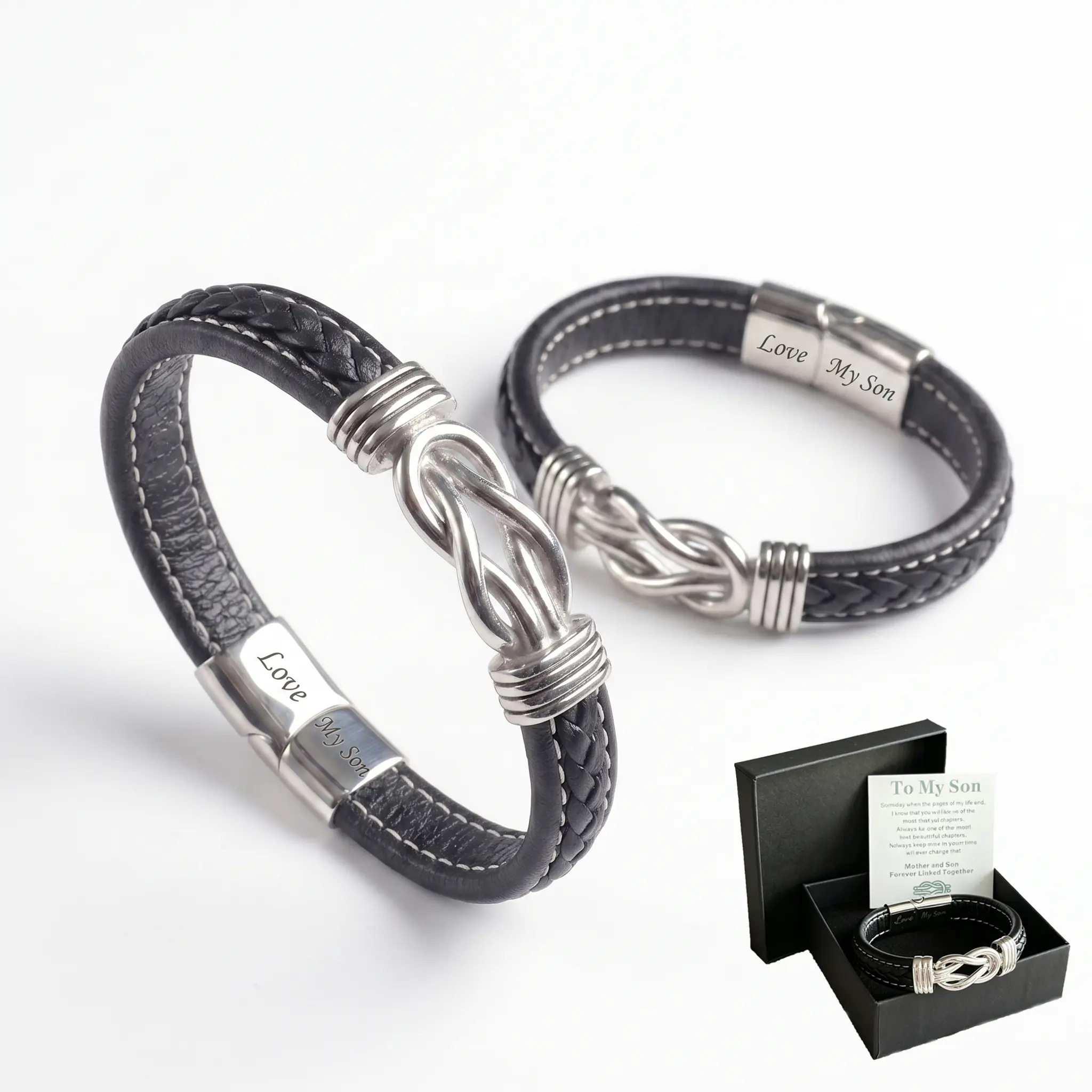 1pc To My Son Infinity Knot Leather Bracelet with Card, Stainless Steel Engraved Wristband Jewelry from Mom for Birthday Christmas Gift summerwins