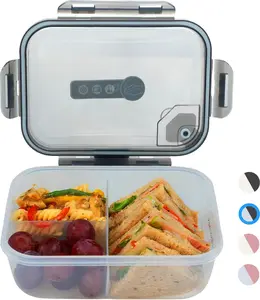 Bento Box Adult Lunch Box, 3 Compartment Meal Prep Containers with Lids, Clear Lunch Box Containers for Adults Men Women,  Storage Containers - Microwave, Dishwasher Safe (Gray-Clear)