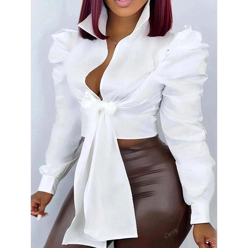 Plus Size White V-Neck Casual Stylish Sexy Bandage Blouse