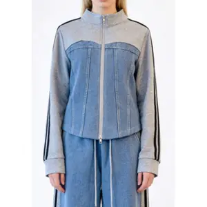 Fashion Zipper Two-Piece Long-Sleeved Suit 2025 Autumn Winter New Denim Splicing Top Wide-Leg Trousers Women's Jacket Winter Trousers Zipper Hoodie Sweater 2 piece sets 2 piece sets women comfort sweat set matching sets for women Casual Clothes Bottom