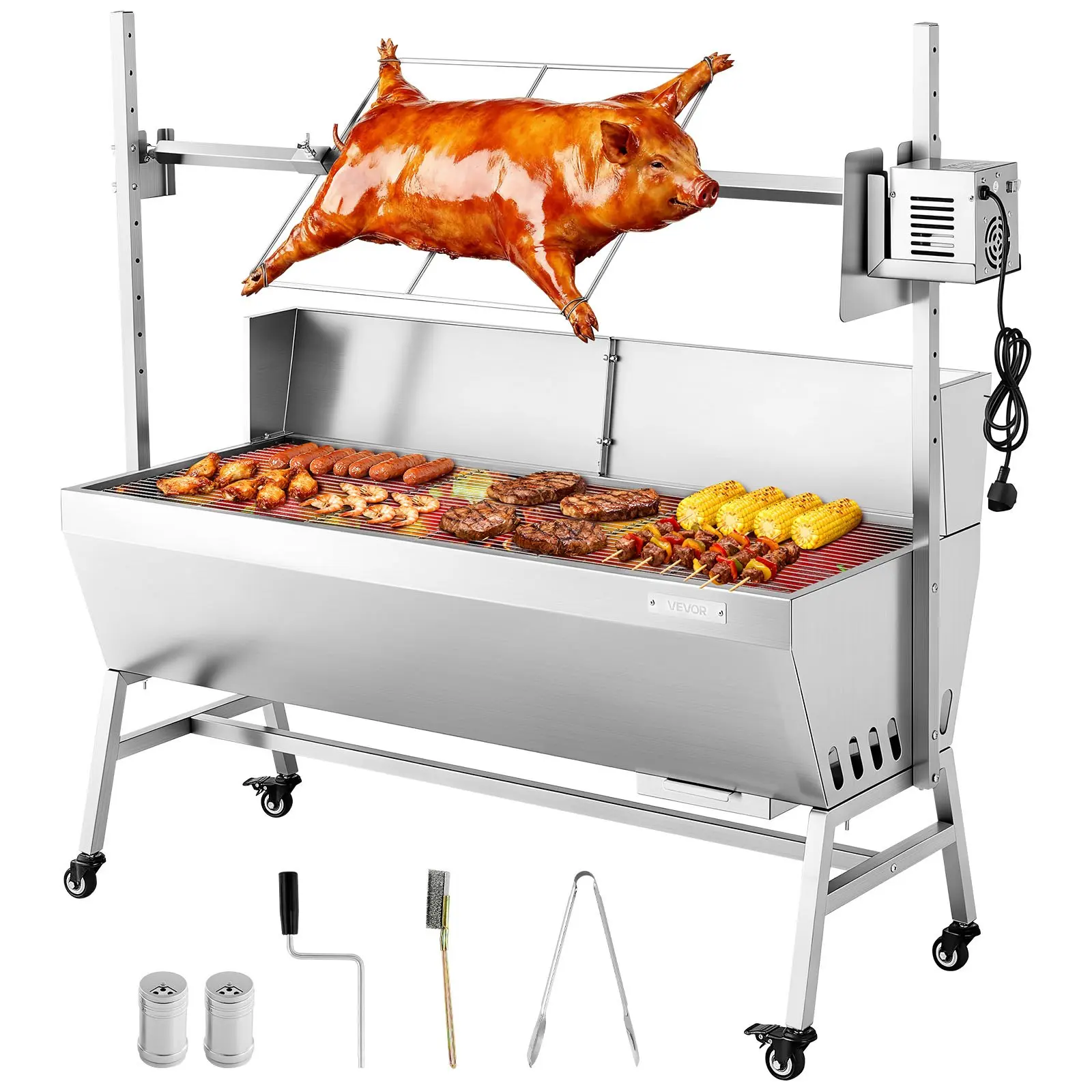 VEVOR Stainless Steel Electric Rotisserie Barbecue Grill, 38W Portable Spit Roaster, 132 LBS Capacity, 4-Level Adjustable Height, Wheeled Design, for BBQ Enthusiasts, Camping Use
