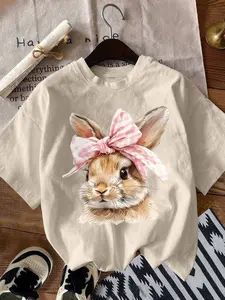 Easter 1PC Coquette Style Bunny Print Loose T-Shirt With Bow Detail, Cute & Soft Vintage Tee Top, For Women's Casual Wear, Everyday Date Outfits And Daily Streetwear Style