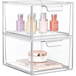 2 Pack Stackable Makeup Organizer and Storage,  Organizers,Clear Plastic Storage Drawer with Handles for Vanity, Undersink, Kitchen Cabinets, Pantry