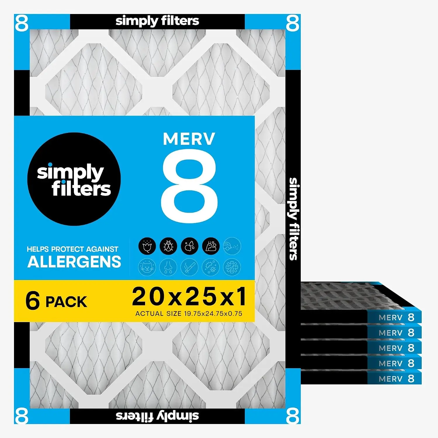 Simply 20x25x1 Air Filter, Merv 8, 6 Pack, For Home AC Furnace & HVAC (Actual Size: 19.75"x24.75"x0.75") DUST, Pet, & Allergy Control