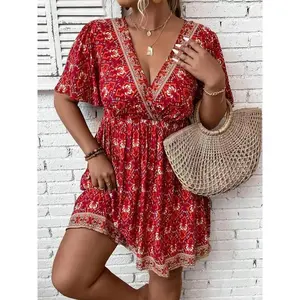 ��Plus Size�� Floral Print Tassel Trim Romper, Boho Casual V Neck Short Sleeve Romper for Summer, Women's Clothes for Daily Wear