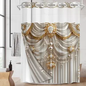 1PC 2D Flat Ornate Pattern Double-Layer Woven Shower Curtain (No Hooks), Transparent Top Window, Removable Liner with Clips, Modern and Unique Home Bathroom Partition Art Decoration, Bathroom Decor, Holiday Decoration