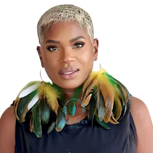 Feather Earrings, Green and Yellow Short Tassel Earrings, Our Earrings don't match,  Female Casual Elegant Ethnic Retro