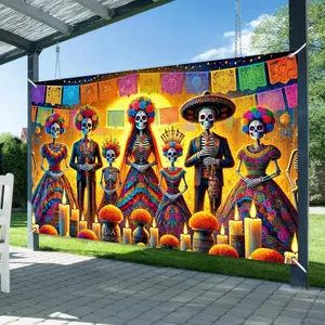 Dia de los Muertos Banner 71x43 Inch Day of the  Skeleton Family Backdrop with Marigold s Papel Picado and Colorful Costumes Mexican Halloween Decorations Wall Porch Party