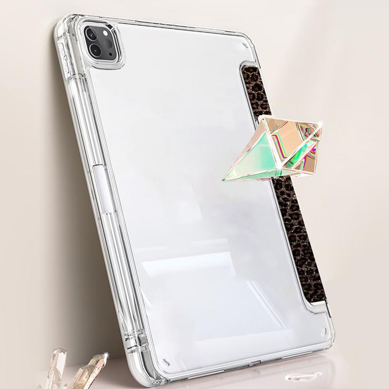 Glittery Brown Leopard Print iPad Case, Tablet Cover, Transparent Acrylic Hard Back Panel With Pencil Slot, Scratch-resistant Ultra-thin, Shock-resistant, Suitable for All iPad models, offices, schools, and homes