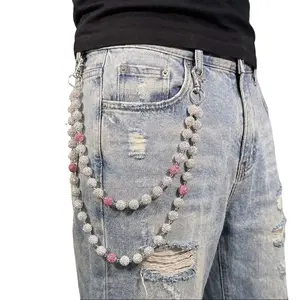 1pc Fashion Street Hip-Hop Pants Chain, Handmade Ceramic Rhinestone Ball Waist Chain, Unisex Body Chain Accessory for Daily Wear, Multicolor, Iron Alloy, Non-Stretch