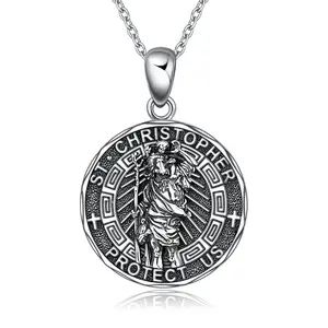 S925 Sterling Silver Saint Christopher Engraved Pendant Necklace for Women Men