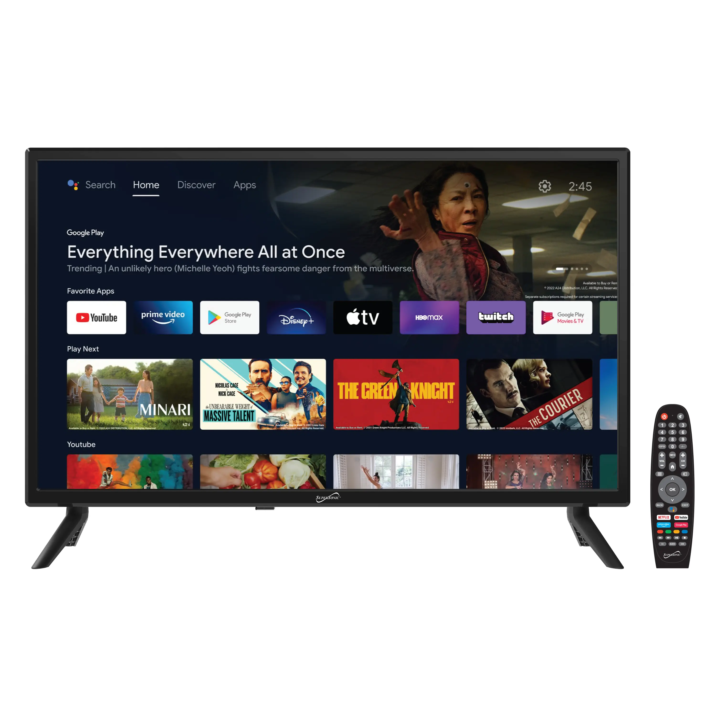 Supersonic SC-2450GTV 24" DLED Smart HDTV with Voice Control, Google Assistant, ATSC, NTSC, HDMI, USB, WiFi, 1080p, 60Hz Refresh Rate, AC-DC Compatible, 16.7m Colors, 178˚ (H)) Viewing Angle, 180cd/m² Brightness, 21.69”x8.07”x14.82” Dimensions