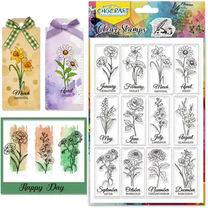 Birthday Month Flowers Clear Stamps Transparent Silicone Stamp Seals for DIY Scrapbooking Photo Album Decoration, 4.3x6.3 inch
