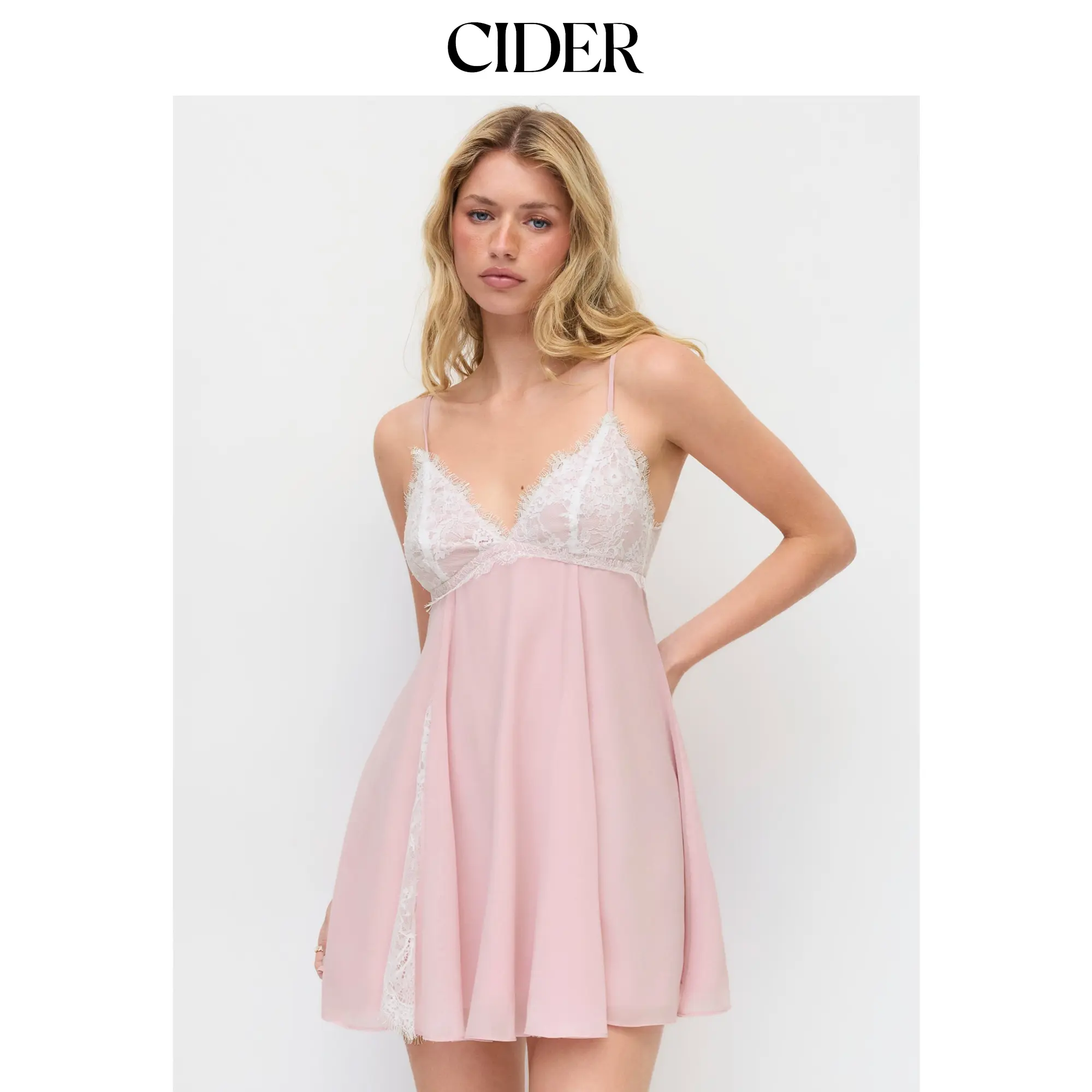 Cider Chiffon Lace V-neck Patchy Mini Dress