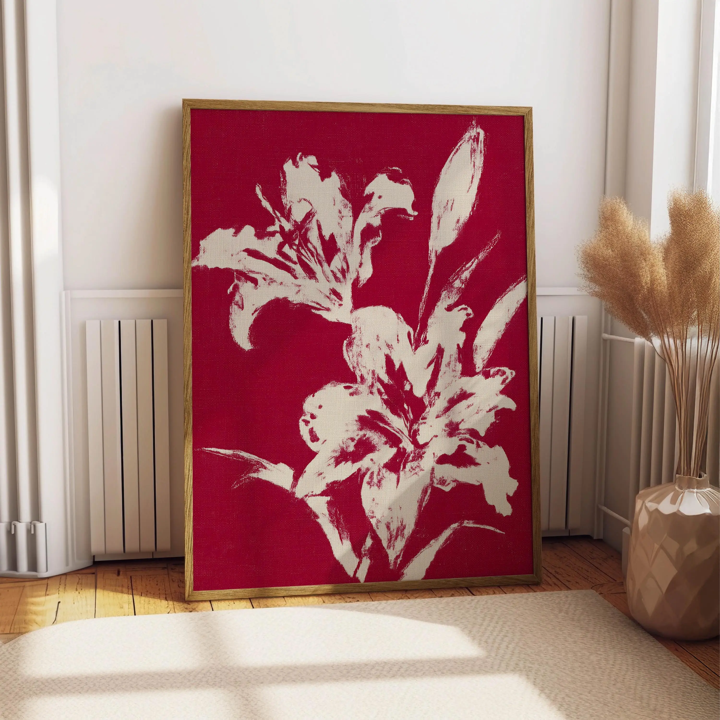 [UNFRAMED] Red Lily Print, Bold Floral Wall Art, Vintage Crimson Botanical Poster, Maximalist White Flower Decor, Abstract Lily Woodblock Art Print