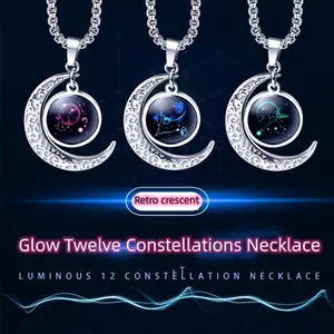 Nightlight Twelve Constellations Necklace for Men and Women Cool Personality Glowing Pendant Hip Hop Couple Retro Crescent Neckchain Accessories