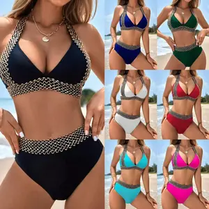 Bikini Set for Women Two Piece Swimsuits V Neck Low Rise Crisscross Back Self Tie Spaghetti Straps