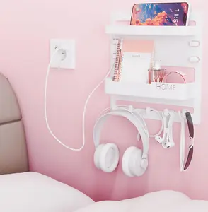 Yieach Space-Saving Wall-Mounted Bedside Home Organizer - Hanging Floating Shelves with Phone Holder, Charging Shelf, Accessory Hook, Key Hanger for Dorm, Room (White Storage Rack Decor)