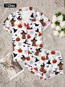 Women's Halloween Party Pajama Set, Nightwear, Cute Animal Print Bat Short Sleeve Shirt & Elastic Waist Shorts, Comfortable Casual Loungewear Home Wear