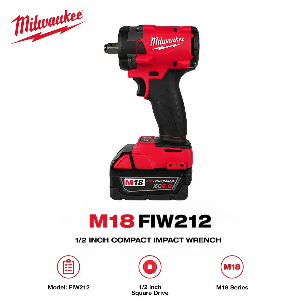 Milwaukee M18 FIW212 18V 1/2 Inch Brushless Impact Wrench, 339Nm High Torque Fastening Tool with 4-Speed Control and Auto Stop Mode for Lug Nut Removal, Automotive Repair, Garage Maintenance, Construction and Workshop Applications