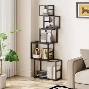 Flycity 5-Tier Stacked Metal Bookshelf  Creative square and rectangular stacked bookshelf  Black Creative Asymmetrical Design | Perfect for Living Room/Bedroom/Study | Holds Books, Decor, Plants, Toys & Albums