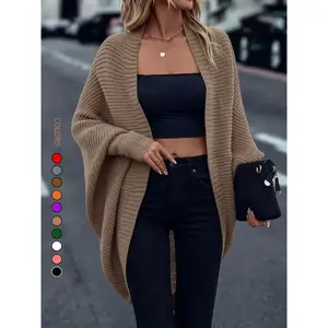 Women’s Ribbed Knit Batwing Cardigan – Oversized Open-Front Sweater Coat – Soft Chunky Texture Mid-Length Outerwear for Autumn/Winter