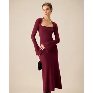 The Red Square Neck Flare Sleeve Midi Dress