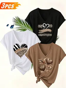 Women's 3-Piece Leopard Print V-Neck Short Sleeve T-Shirt, Soft Breathable Fabric, Medium Stretch, Clear Print, Casual Fashion Essential, Top