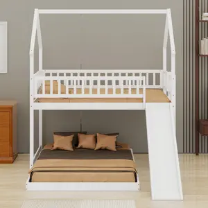 House-Themed Bunk with Slide - Twin Top, Full Bottom, White
