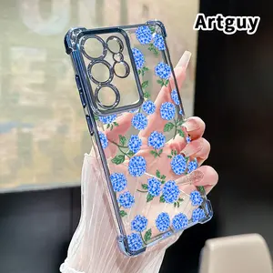 Blue Hydrangea Dream Pattern Phone Case Suitable for Samsung Galaxy S23 Ultra S24 Plus S25 S22+ FE Edge Four Corner Air Cushion Anti Drop Transparent Full Coverage Cover