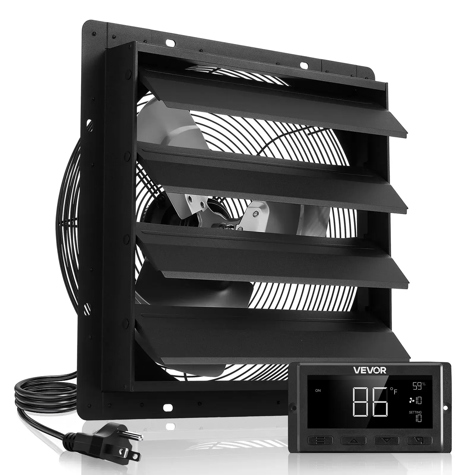 VEVOR 16-in Wall Mounted Shutter Exhaust Fan, 2900 CFM EC Motor with Automatic Smart Programming, Variable Speed, Temperature Control & Timer for Shed, Garage Ventilation Cooling, Black