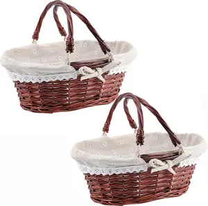 2 PCS Brown Wicker Gift Empty Basket, Hand-Woven Favors Storage Willow Picnic Basket with Handles for Fruit Vegetable Picking Egg Candy Gathering Valentines
