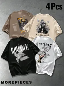 Men's 4-Pack Bestselling Letter Dove & Gypsum Art Print Round Neck Short Sleeve T-Shirt, Daily Casual Comfort Top