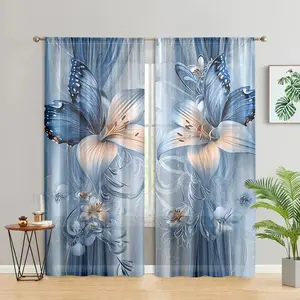 2 pieces, blue butterfly floral curtains, modern art design, pole pocket style, semi sunshade polyester fiber, Window decorations supplies, suitable for home window decoration, anti privacy, easy to clean