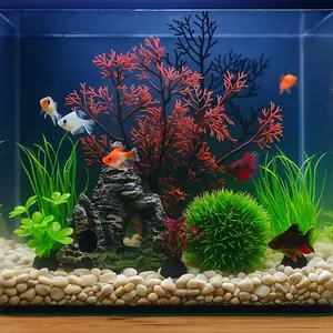 Aquarium Fish Tank Plastic Plants and Cave Rock Decorations Decor Set 7 Pieces, Small and Large Artificial Fish Tank Plants with Cave Rock