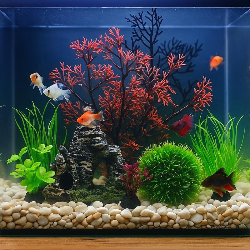 Aquarium Fish Tank Plastic Plants and Cave Rock Decorations Decor Set 7 Pieces, Small and Large Artificial Fish Tank Plants with Cave Rock