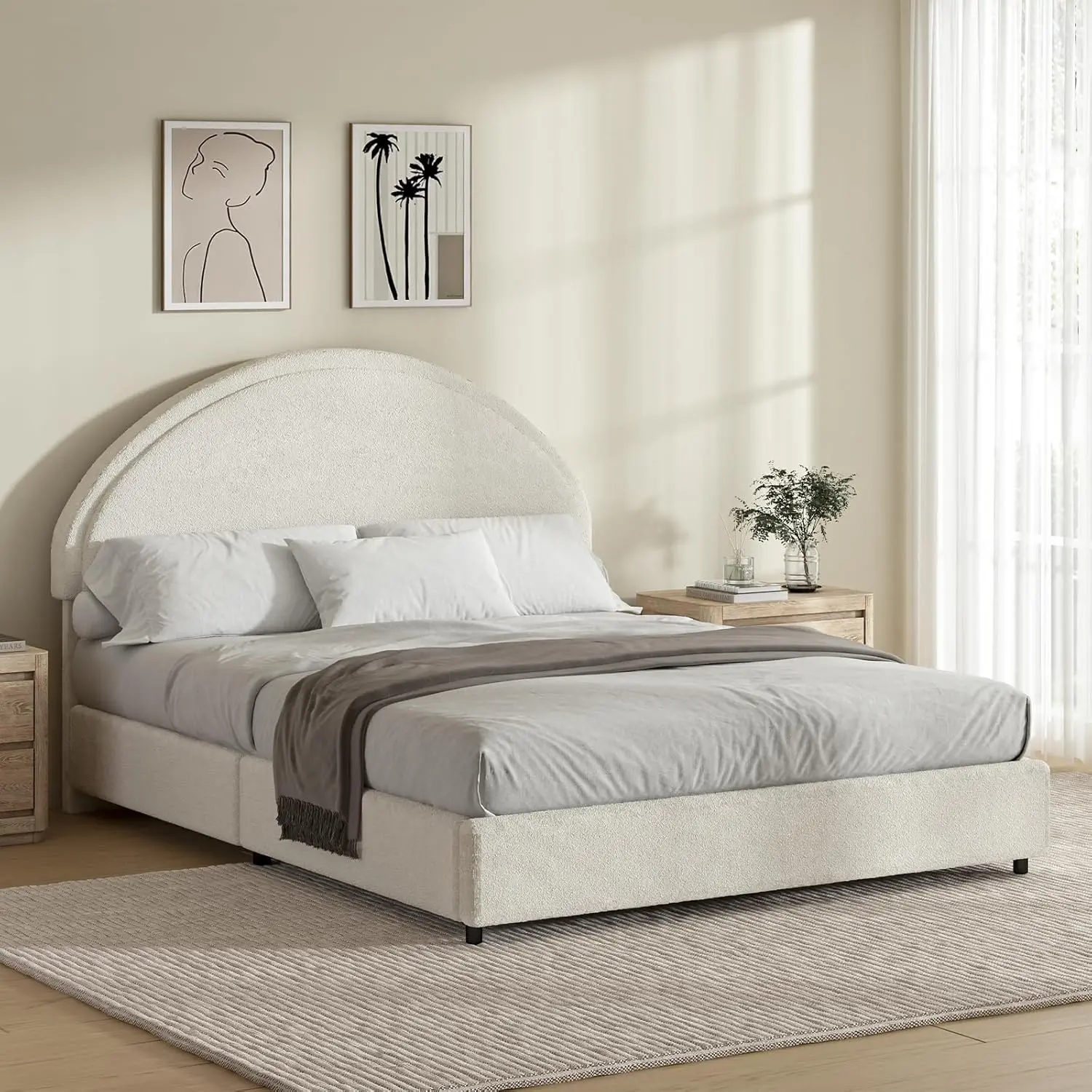[Summerwins] HOMBCK Bed Frame, No Mattress, Boucle Upholstered Platform, Modern Style, Soft Arch Shaped Round Headboard, No Box Spring Required, Easy Assembly #summer garden,fathers day gift ideas