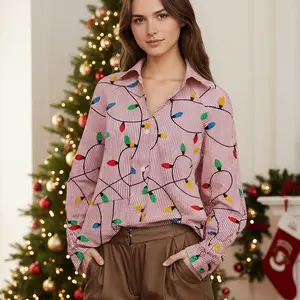 Women's Pink Christmas Lantern Print Blouse with Refined Button Accents Casual Loose Fit Long Sleeve Collared Top for Holiday Parties & Gifts Shirt Womenswear Spring