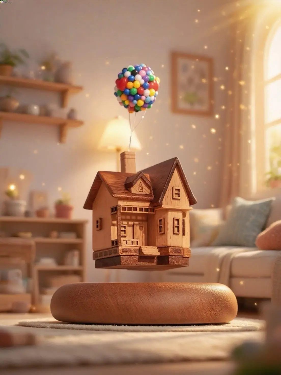 Wooden Floating House Automaton, Magnetic Levitating Rotating House with Balloons, Handmade Wooden Decor, Unique Gift, Wooden Levitating Toy