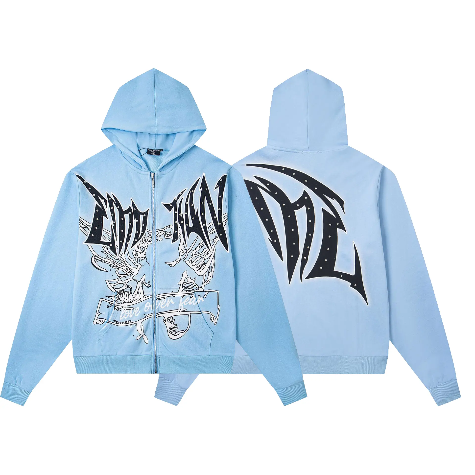 MIXED EMOTION Certified Professional Y2K Premium Light Blue Zip Up Hoodie Rhinestone Gothic Skeleton Love Over Fear Jacket Loose Fit