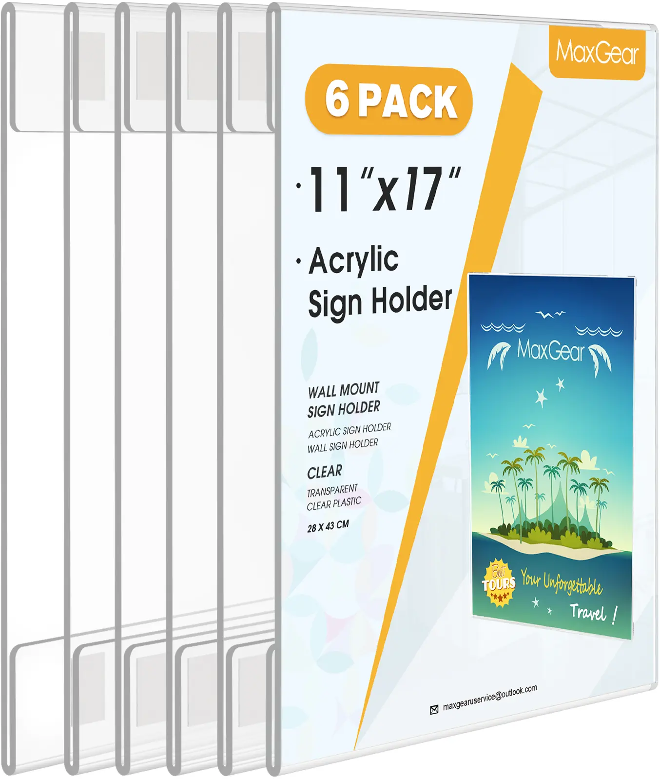 MaxGear 6-Pack 11x17 Size Acrylic Sign Holder, Wall-Mount Clear Plastic Frame with Double-Tape, Plexiglass Holder for Office, Store Use