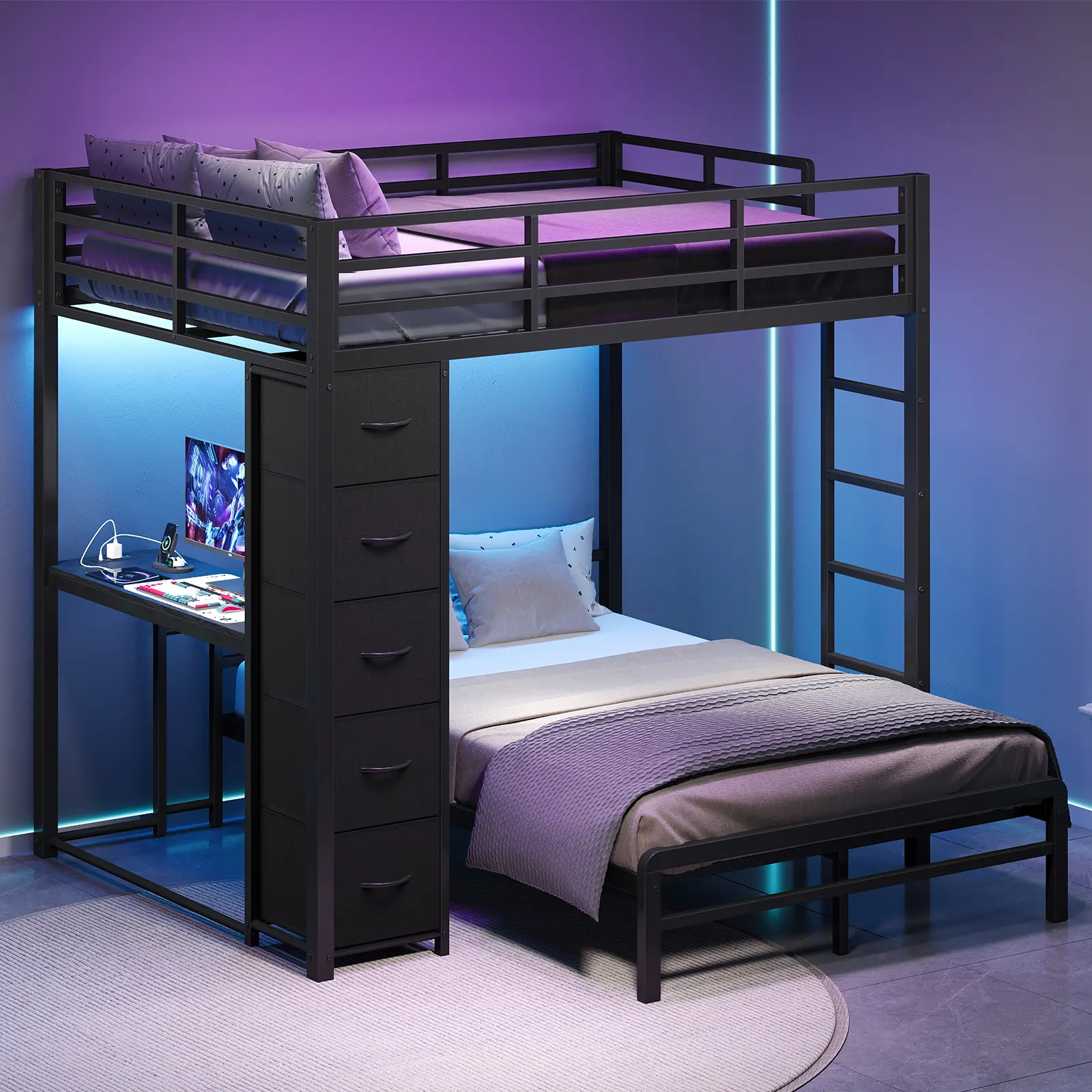 FUSOU Full Over Full Bunk Bed with Desk, RGB LED Lights, Black Metal L-Shaped Bunk Bed with Charging Station, 5 Fabric Drawers, Space Saving, Safety Guardrail & Ladder for Teens Adults