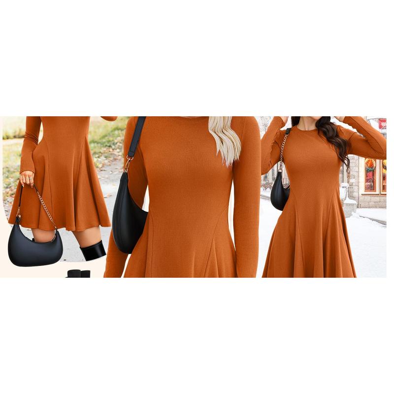 OFEEFAN Sweater Dress for Women Fall 2025 Long Sleeve Crew Neck Ribbed Knit Fit and Flare A-Line Dresses