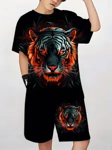 Boys' Fashion Sport Tiger Print Set, Casual Breathable Quick-Dry Track Shorts, Summer Comfort Outdoor Wear