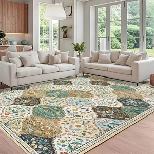 GARVEE Area Rug 10x13 Extra Large Rug Moroccan Trellis Machine Washable Rug for Living Room Stain Resistant Non-Slip Carpet Farmhouse Vintage Distressed Floral Floor Cover for Bedroom, Beige/Taupe