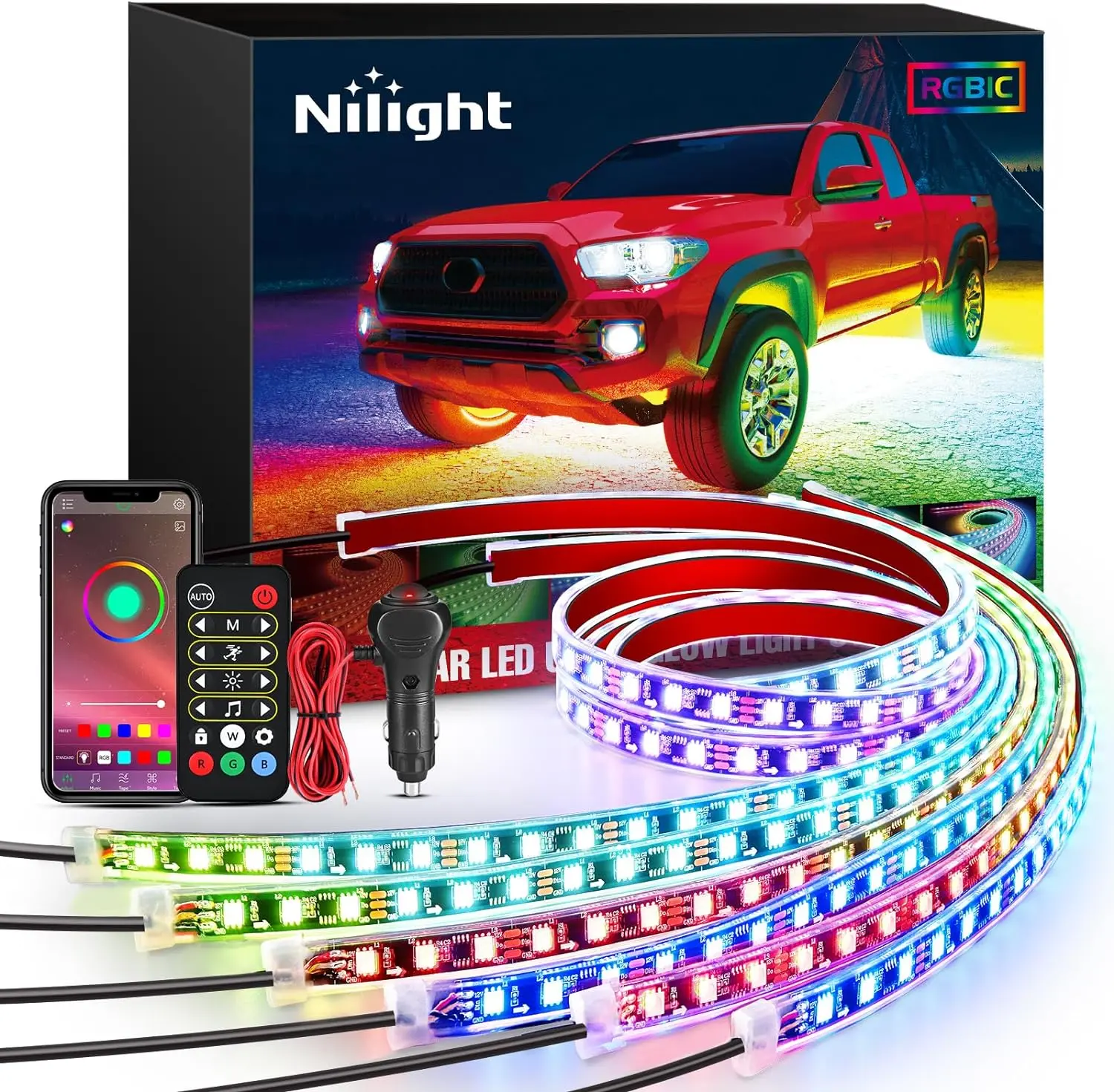 Nilight 6Pcs RGB-IC Chip Underglow LED Neon Accent Strips (300 LED Lights) - Sound-Active Music Mode, APP & Remote Control, Flexible Rubber Tube Fit, Car Interior Lighting, Ambient Lighting Car, Automotive Decorative Accessory, Father's Day Gift