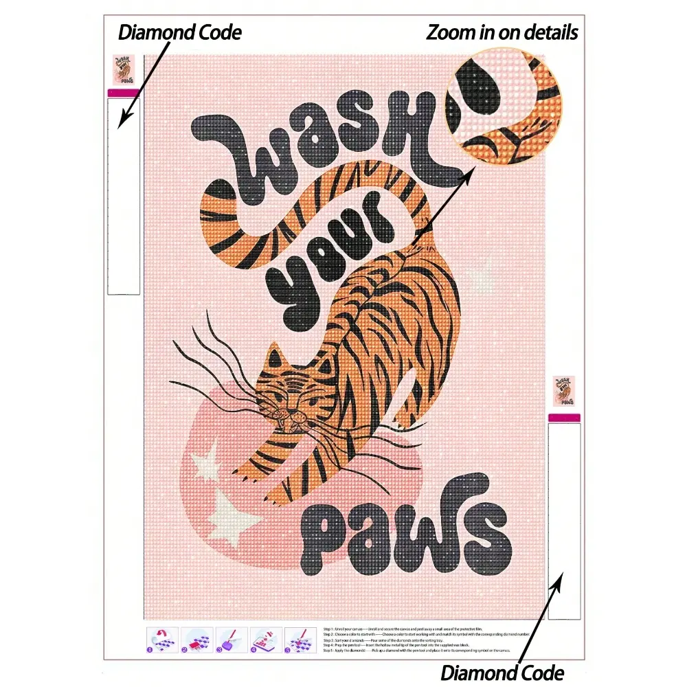 5D DIY Diamond Painting | Elegant Pink Animal Paintings With Diamond Painting Kits. A Cute And Playful Tiger On A Pink Background Tells You To "Wash Your Paws" Handmade Decorative Painting. HD 5D DIY Embroidery Mosaic Art