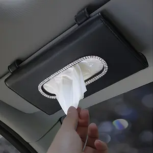 Glossy Crystal Design, Luxury PU Leather Car Sunshade Tissue Box, Car Storage Organizer, Universal Vehicle Napkin Holder Accessory