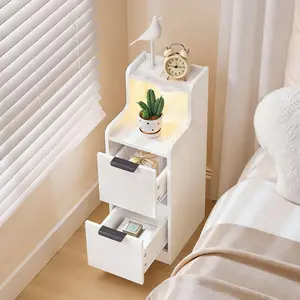 MAHANCRIS Side Table, End Table, Nightstand with LED Light, Narrow Bedside Table, Small Side Table with 2 Drawers and 2 Open Shelves, for Living Room, Bedroom, White